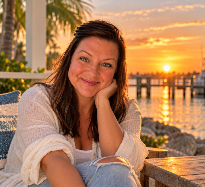 Amanda Reed smiling at golden hour beside a Florida marina at sunset