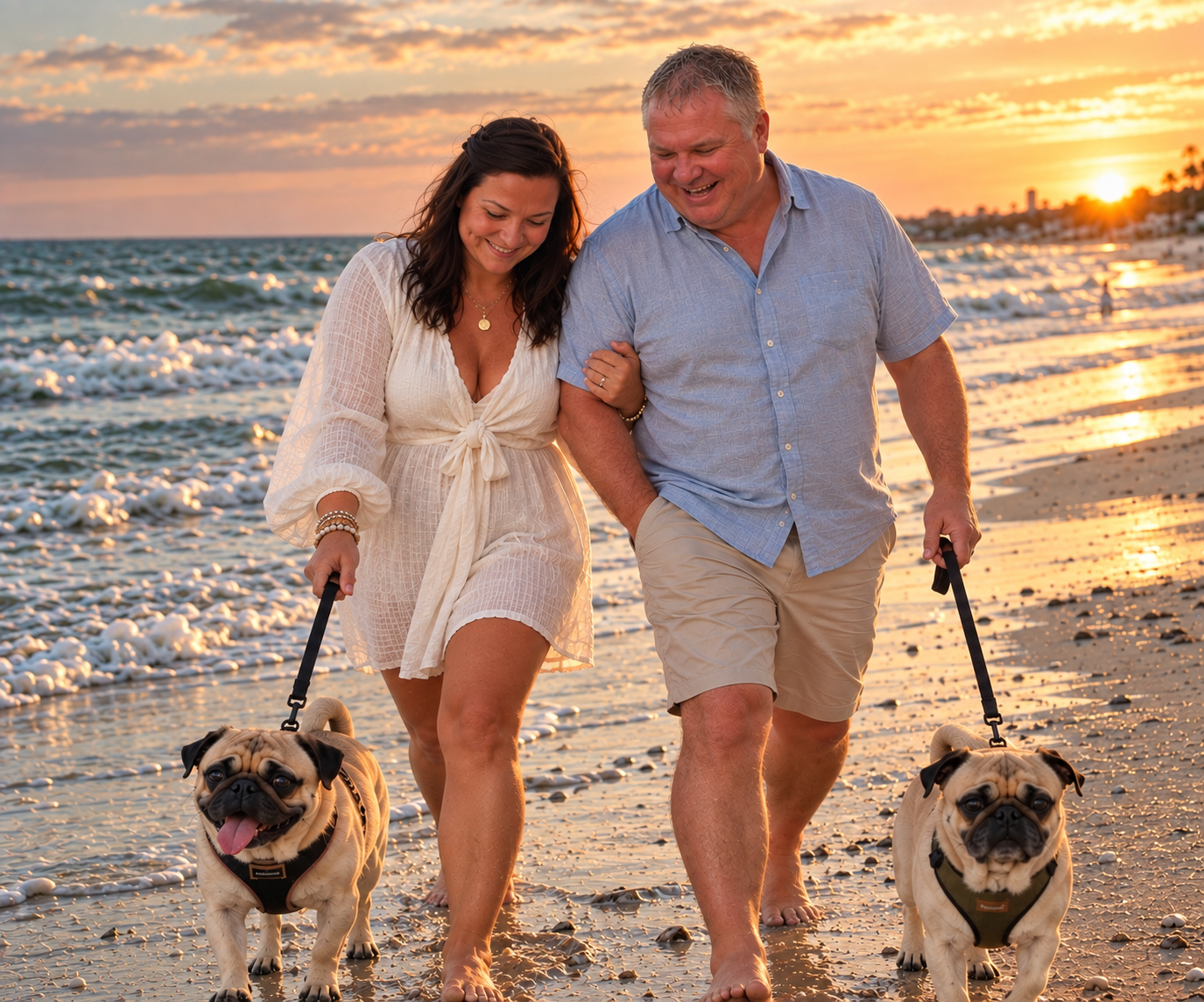 Amanda and Dean walking their two pugs on the beach at sunset