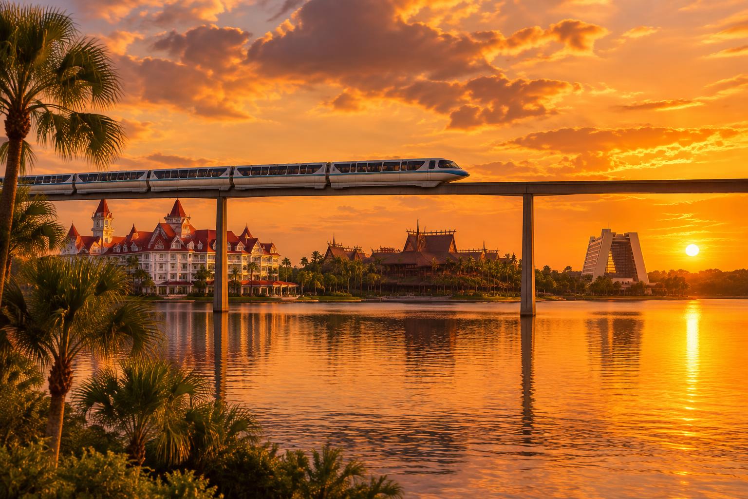 The monorail gliding over Bay Lake at sunset, with Disney's Grand Floridian, Polynesian, and Contemporary resorts along the shore