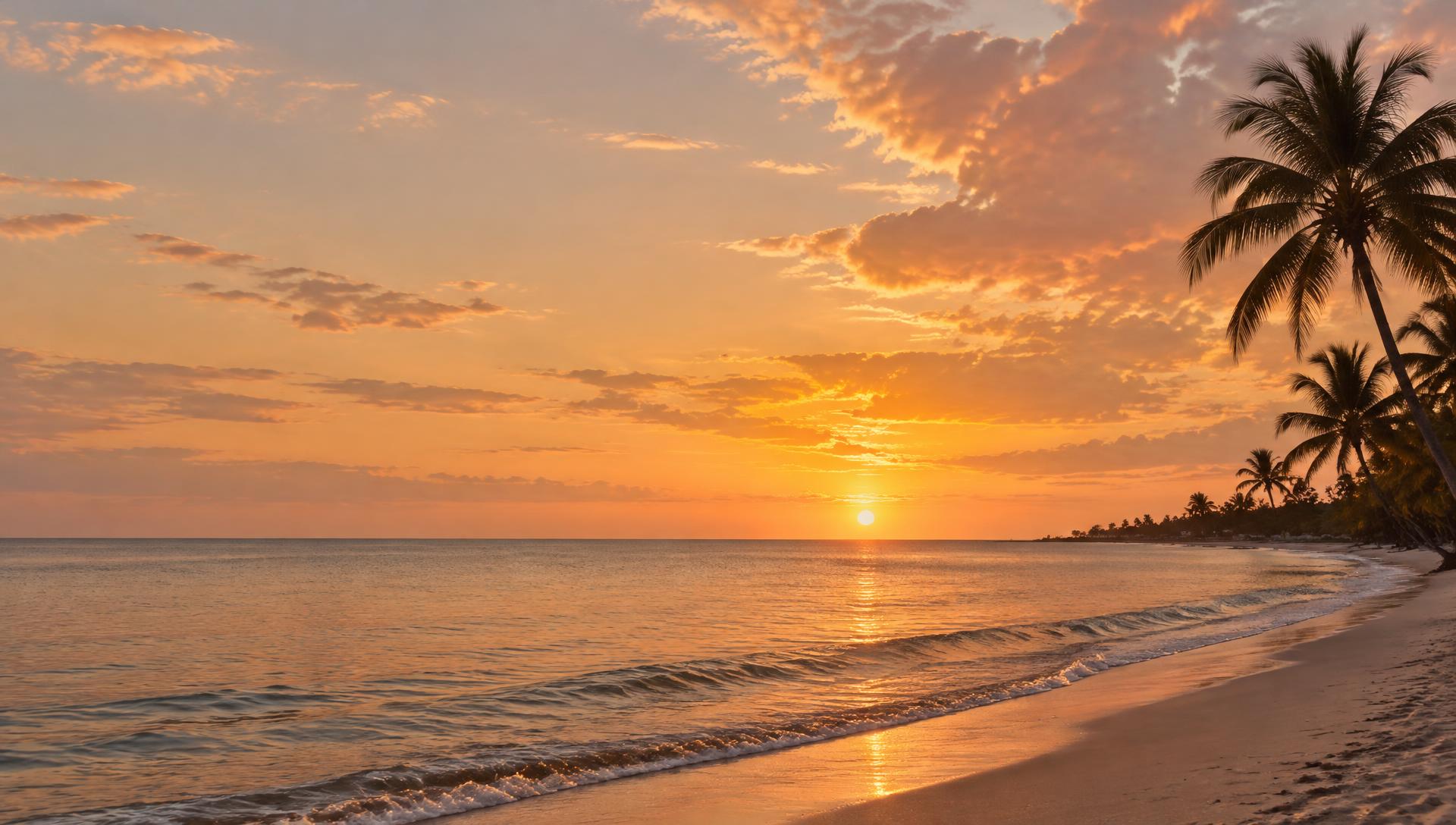 Calm Florida beach at golden hour with palm silhouettes along the shoreline
